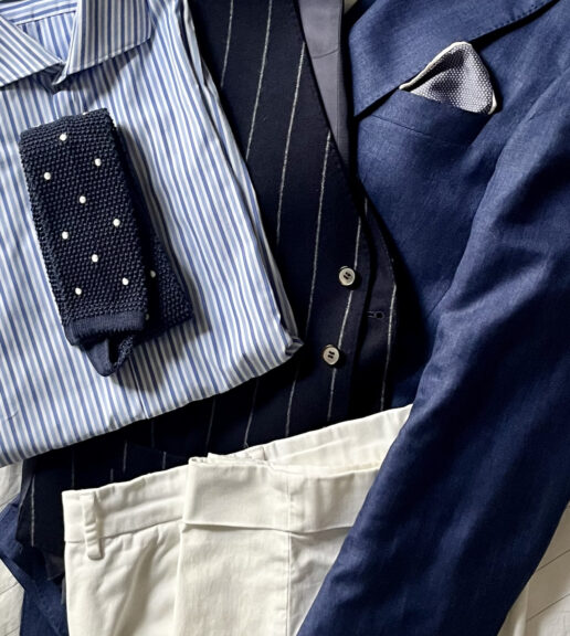 Vestiaire masculin sur mesure CADOT avec vestes pantalons et chemises