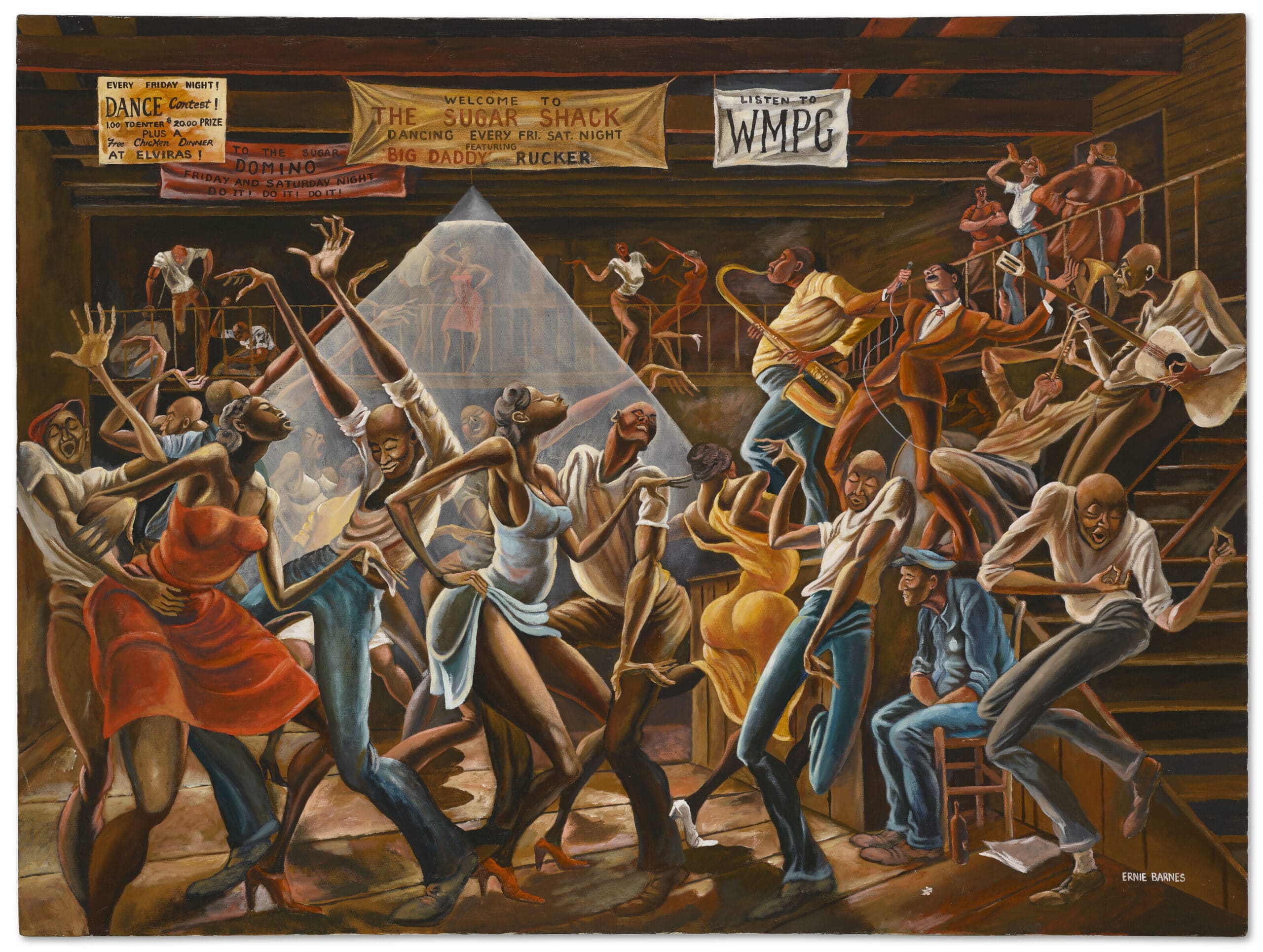 Tableau The Sugar Shack d’Ernie Barnes montrant une scène de danse animée