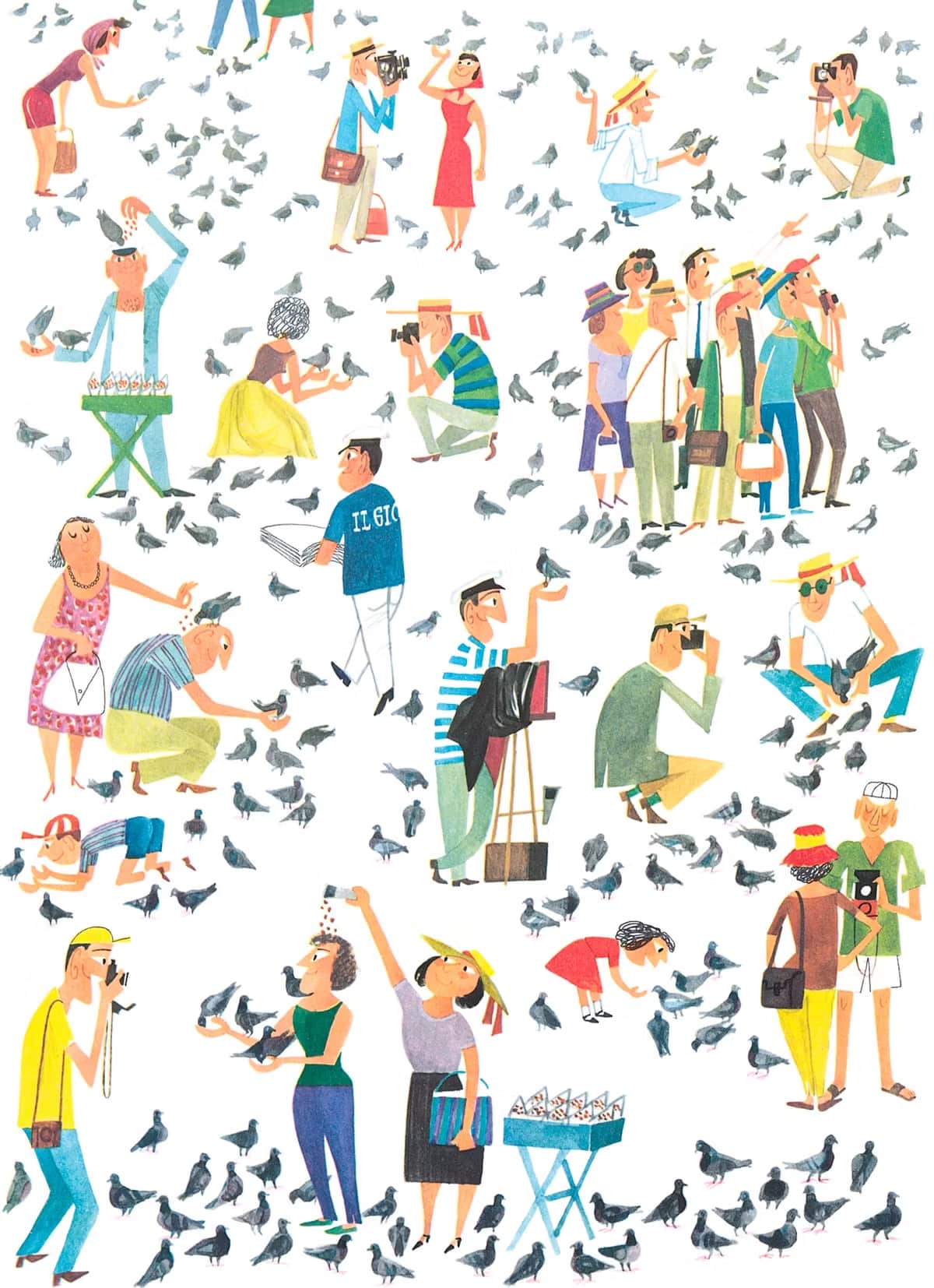 Personnages élégants en mouvement dessinés par Miroslav Sasek parmi des pigeons