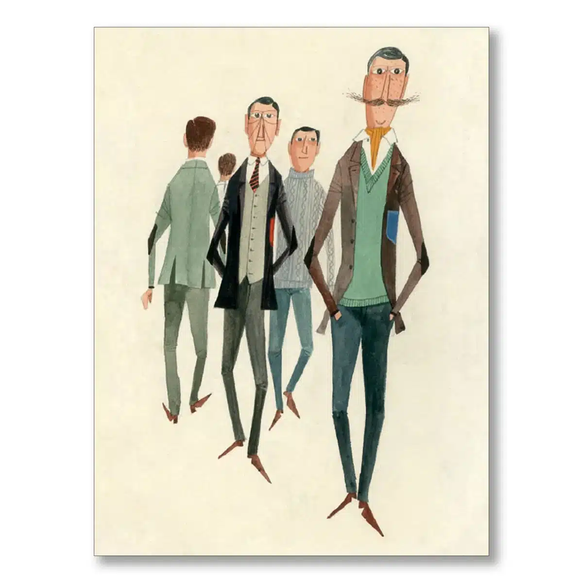 Silhouettes masculines élégantes dessinées par Miroslav Sasek avec proportions allongées