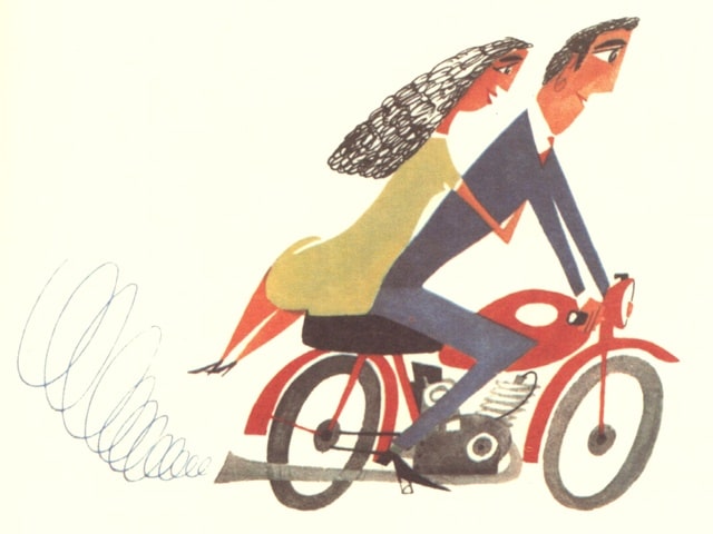 Couple à moto dessiné par Miroslav Sasek dans un mouvement stylisé
