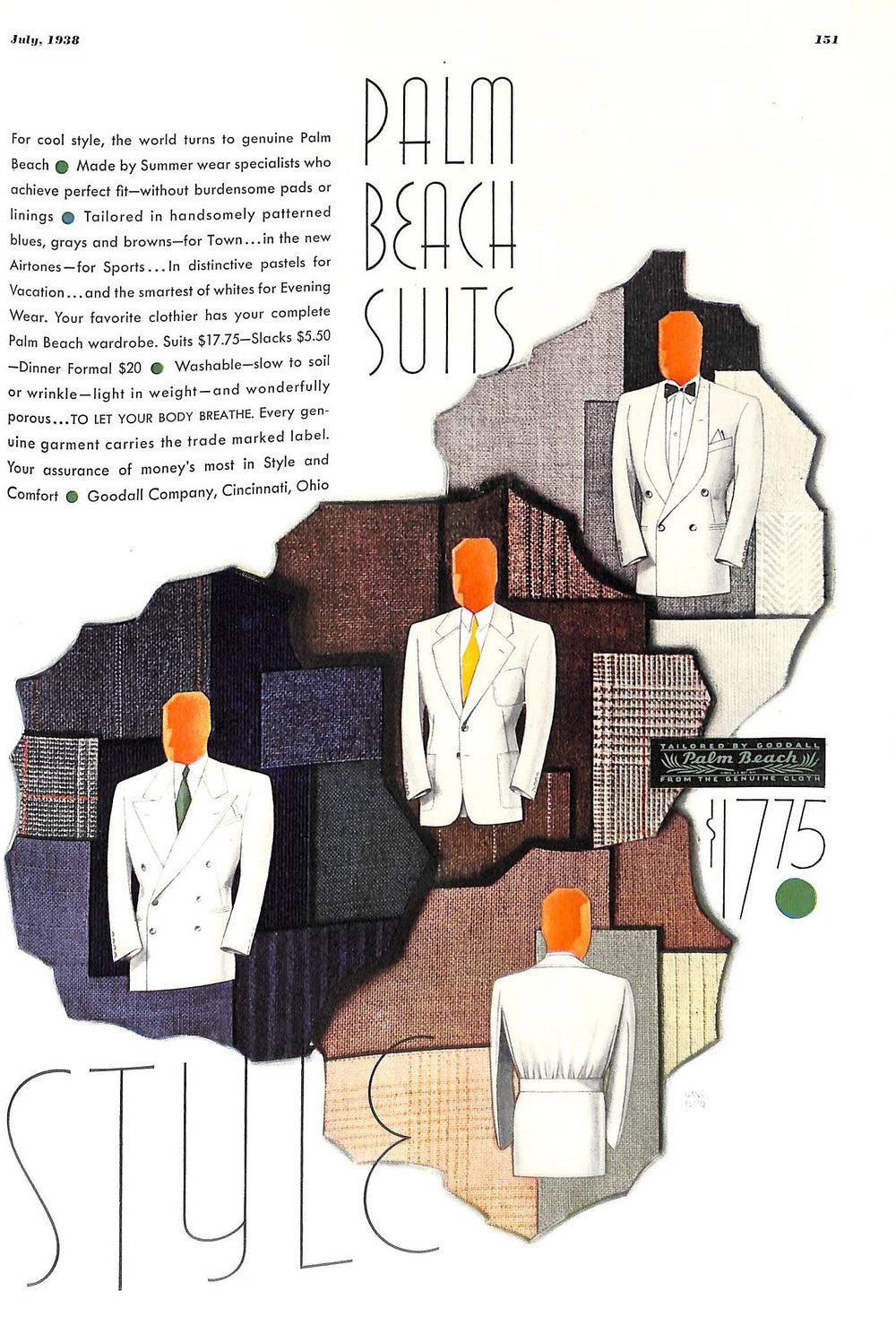 Publicité vintage pour les Palm Beach suits, costumes d’été américains en tissu léger pour climats chauds.
